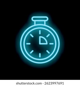 Neon blue stopwatch icon glowing against a dark background, representing the concept of time passing