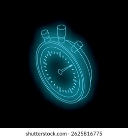 Neon blue stopwatch is measuring time on dark background, concept of time management