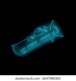 Submarino azul néon navegando em águas escuras, mostrando tecnologia subaquática avançada