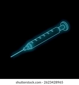 Neon blue syringe glowing against a black background, representing medical concepts, vaccination, or drug addiction