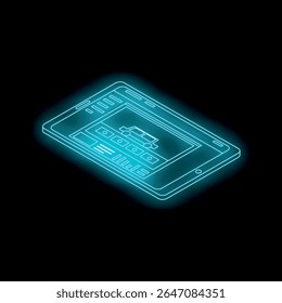 Neon tablet azul exibindo anúncio de carro e interface do usuário, sugerindo vendas de carro on-line ou configuração
