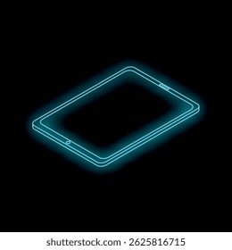Neon blue tablet glowing on a black background, viewed isometrically