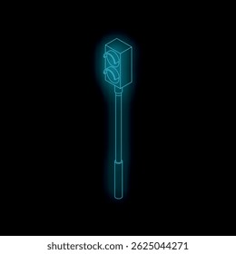 Neon blue traffic light glowing on a black background, representing traffic control and urban infrastructure
