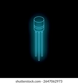 Transistor azul néon iluminando um fundo escuro, representando componentes eletrônicos e inovação em tecnologia