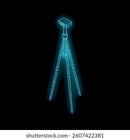 Neon blue tripod holding a technological device, glowing on a dark background, creating a futuristic and technological mood