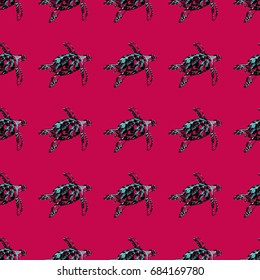 Neon blue turtles seamless pattern on red background. Vector colorful illustration for print, paper, textile