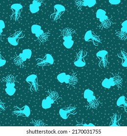 Neon blue underwater animals. Jellyfish backdrop for wrapping paper, textile, fabric. Marine seamless pattern, vector illustration with dark background. Ocean, sea animals, nautical creatures.