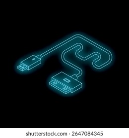 Cabo usb azul néon conectando a um conector dock de 30 pinos, representando transferência ou carregamento de dados