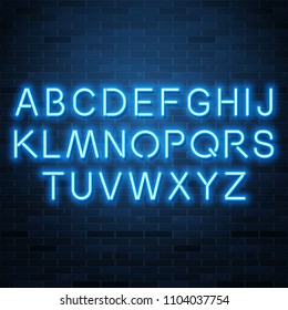 Neon blue vector alphabet, set of realistic fluorescent glowing letters