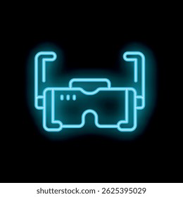 Neon blue virtual reality gaming headset icon glowing on black background