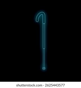 Neon blue walking cane glowing on dark background, representing support and assistance for individuals with mobility challenges