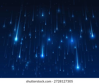 Eine neonblaue Tapete einer fallenden, glühenden Meteoritendusche. Meteoritpartikel, pyrotechnische Explosion, zeigen, Sternenstaub, Matrix. Die Themen Raum, Technologie und Magie. Vektorgrafik.