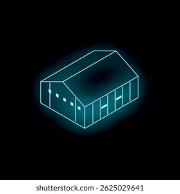 Neon blue warehouse building glowing on a black background, perfect for any transportation or industrial themed project