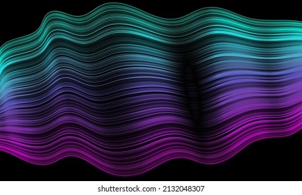 Neon blue waves flow over black background vector banner design.