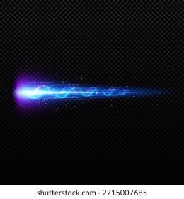 Estela de disparo de arma azul neón, destello brillante con haz, partículas y humo. Rayo de energía mágica. Un rayo de plasma mágico. Interfaz de juego. Vector ilustración realista. Fondo aislado transparente oscuro.