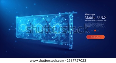 Neon blue wireframe of a graphics card on a dark background, illustrating modern computing technology. Computer hardware component low poly vector illustration on blue background.
