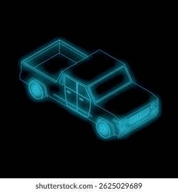 Neon blue wireframe of a pickup truck glowing on black background