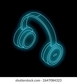 Neon blue wireless headphones glowing on dark background, representing music, sound and audio technology