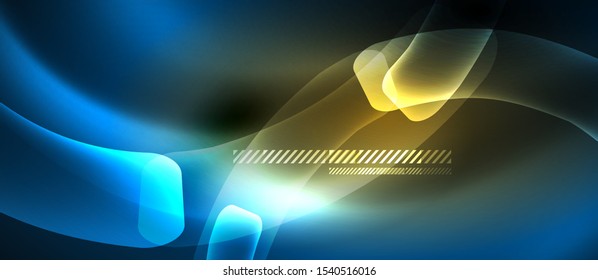 Neon blue and yellow abstract waves background. Shiny lights on bright colors with design elements. Futuristic or technology template illustration, hi-tech concept