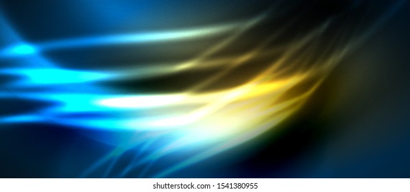 Neon blue and yellow abstract waves background. Shiny lights on bright colors with design elements. Futuristic or technology template illustration, hi-tech concept