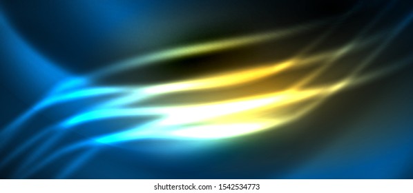 Fondo de ondas abstractas de color azul y amarillo neón. Luces brillantes en colores brillantes con elementos de diseño. Ilustración futurista o tecnológica, concepto de alta tecnología