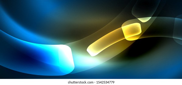 Neon blue and yellow abstract waves background. Shiny lights on bright colors with design elements. Futuristic or technology template illustration, hi-tech concept