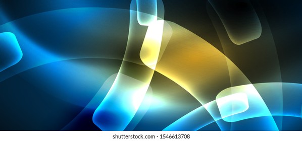 Neon blue and yellow abstract waves background. Shiny lights on bright colors with design elements. Futuristic or technology template illustration, hi-tech concept