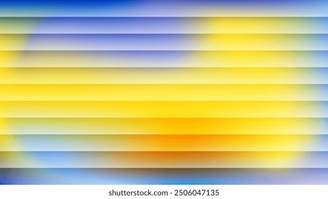 Neon blue yellow reeded glass 3D background. Glassmorphism colorful transparent ribbed glass, horizontal stripes texture.