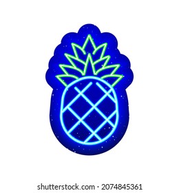 Neon blue-green pineapple line sign. Midnight blue. A whole modern pineapple design with neon. Realistic neon icon. There is mask area on White Background.