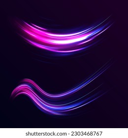 Neon blurred circles in motion. PNG vector light pink and purple lines swirling in a spiral. Vector vortex wake effect. Electric swirl lines, neon light effect. Abstract magic energy waves.