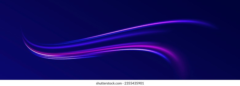 Neon blurred line motion. Dynamic translucent soft gradient stream motion. Abstract magic energy wave. Light trail wave, fire path trace line and incandescence curve twirl. Vector vortex wake effect. 