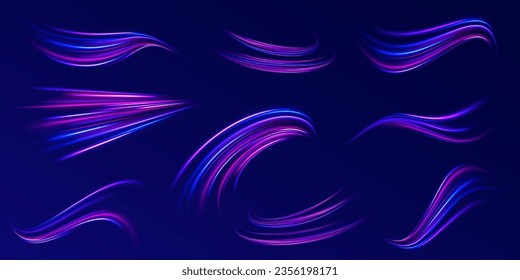 Neon unscharfe Zeilenbewegung. Dynamische, durchsichtige, weiche Farbverlaufsbewegung. Abstrakte magische Energiewelle. Lichtspurwelle, Brandspurlinie und Bruchkurve drehen. Vektor-Wirk-Effekt. 