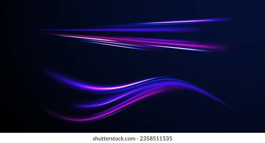 Neon blurred line motion. Dynamic translucent soft gradient stream motion. Abstract magic energy wave. Light trail wave, fire path trace line and incandescence curve twirl. Vector vortex wake effect. 
