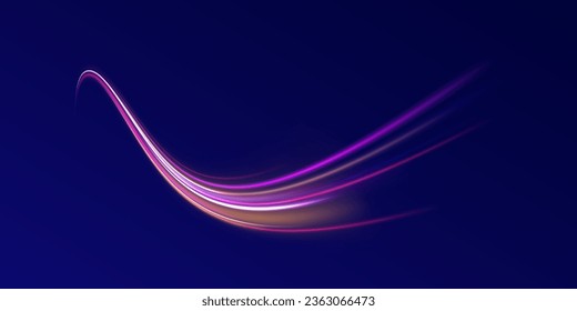 Neon blurred line motion. Dynamic translucent soft gradient stream motion. Abstract magic energy wave. Light trail wave, fire path trace line and incandescence curve twirl. Vector vortex wake effect. 