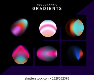 Neon blurry circles of light on dark background. Set of transparent vector elements for cover, poster, logotype design in synthwave neo-noir aesthetics style.