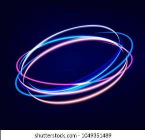 Neon blurry circles at motion. Abstract luminous swirl trail, slow shutter speed effect. Light painting. Lights shape at motion. Vector illustration.