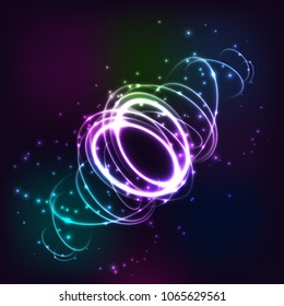 Neon blurry circles at motion . Abstract luminous swirl trail , slow shutter speed effect . Light painting . Lights shape at motion . Vector exposure time
