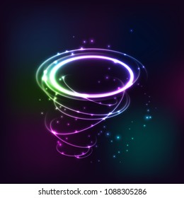 Neon blurry circles at motion . Abstract luminous swirl trail , slow shutter speed effect . Light painting . Lights shape at motion . Vector exposure time