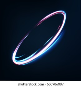 Neon blurry circles at motion . Abstract luminous swirl trail , slow shutter speed effect . Light painting .  Lights shape at motion . Vector exposure time ,