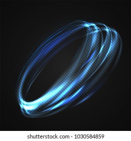 Neon blurry circles at motion . Vector swirl trail effect . Abstract luminous rings slow shutter speed effect . Light painting . Abstract lights at motion exposure time. Isolated on transparent .

