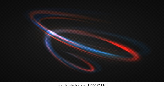 Neon blurry circles at motion . Vector swirl trail effect . Abstract luminous rings slow shutter speed effect . Light painting . Abstract lights exposure time. Isolated on transparent .