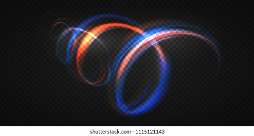 Neon blurry circles at motion . Vector swirl trail effect . Abstract luminous rings slow shutter speed effect . Light painting . Abstract lights exposure time. Isolated on transparent .