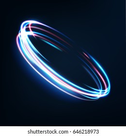 La neón borra los círculos en movimiento. Efecto de trineo giratorio del vector. Efecto de velocidad de obturación lenta de los anillos luminosos abstractos. Pintura clara. Luces abstractas en tiempo de exposición en movimiento