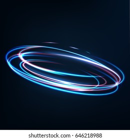 Neon blurry circles at motion . Vector swirl trail effect . Abstract luminous rings slow shutter speed effect . Light painting . Abstract lights at motion exposure time