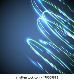 Neon blurry circles on a blue background, vector illustration.