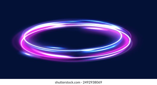Neon blurry light circles at motion . Vector swirl trail effect. Abstract vector fire circles, sparkling swirls and energy light spiral frames.