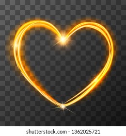 Neon blurry love symbol, golden magic light trail effect at motion. Luminous rays in heart shape on transparent