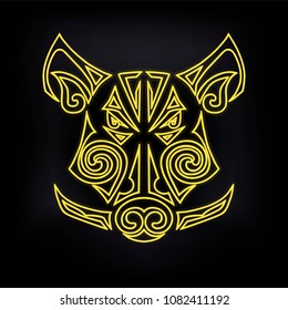 Neon Boar's or Pig's head isolated on black background. Symbol of Chinese 2019 New Year. Vector illustration. Stylized Maori face tattoo.