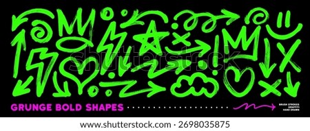 Neon bold brush drawn graffiti shape set. Hand drawn street art bold shapes, figures and forms for urban design. Punk funky brush doodles, thick heart, crown and arrows. Vector toxic green elements.
