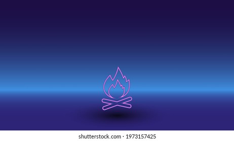 Neon bonfire symbol on a gradient blue background. The isolated symbol is located in the bottom center. Gradient blue with light blue skyline